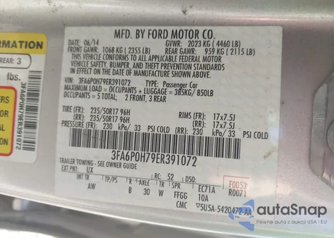 2014 Ford Fusion Se from USA, damaged, VIN 3FA6P0H79ER391072